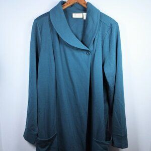 Denim & Co Women's Large Shawl Collar Topper One Button Open Cardigan Teal Blue
